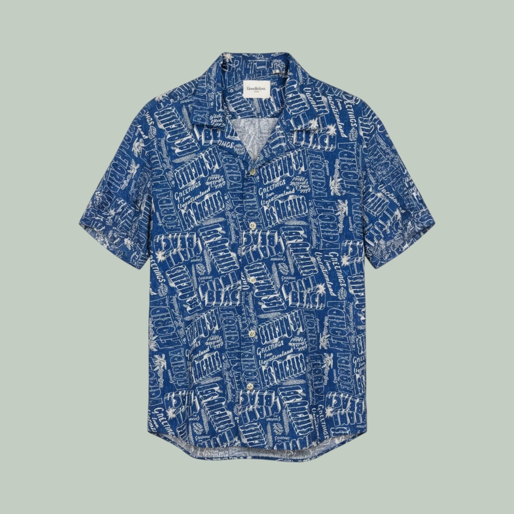 Goodfellow & Co Men's XL Blue Postcard Print The Vacay Short Sleeve Button-Up